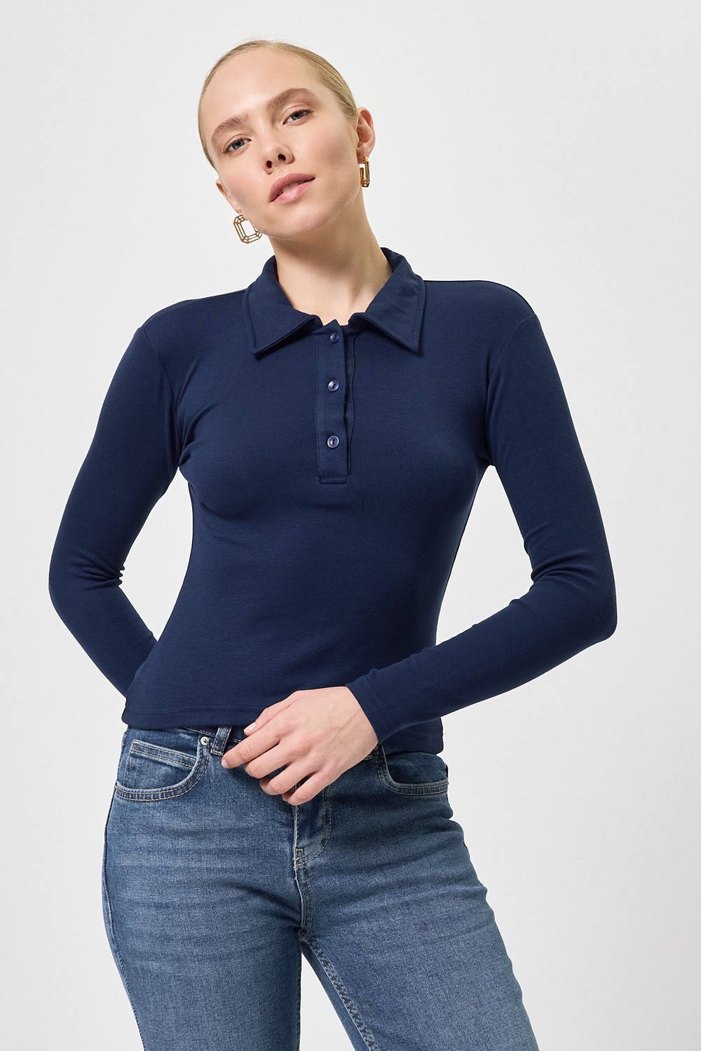 Bluz-Lacivert Polo Yaka Düğmeli Uzun Kollu Bluz 8222A-rulem