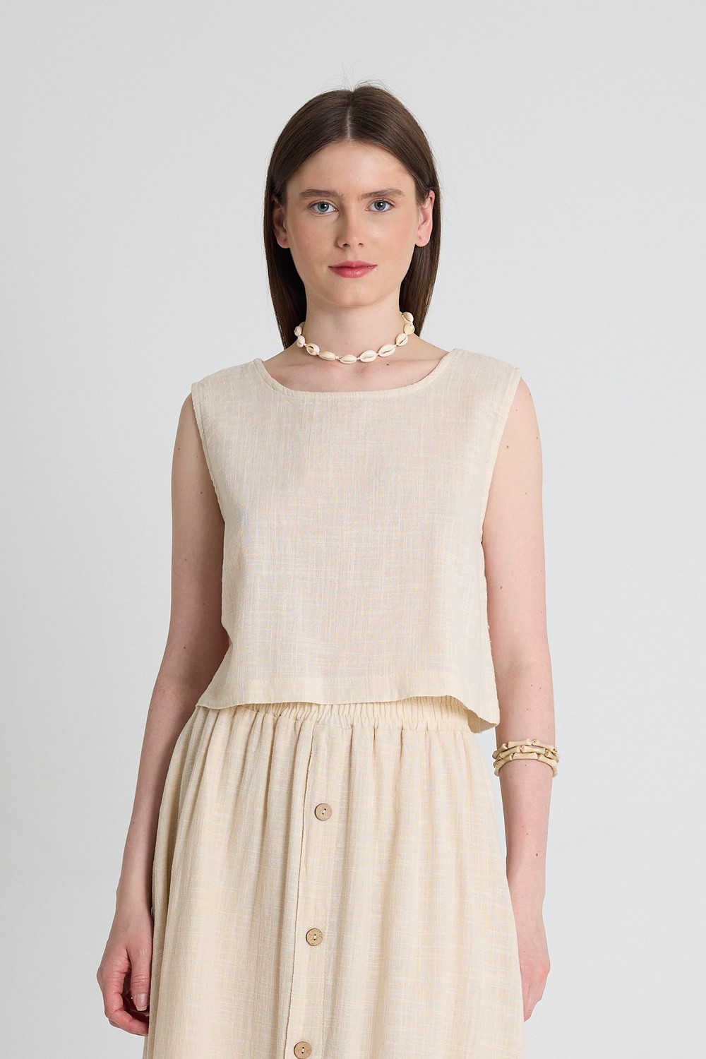 Bluz-Natural Keten Görünümlü %100 Pamuk Kolsuz Crop Bluz 3419-1-rulem