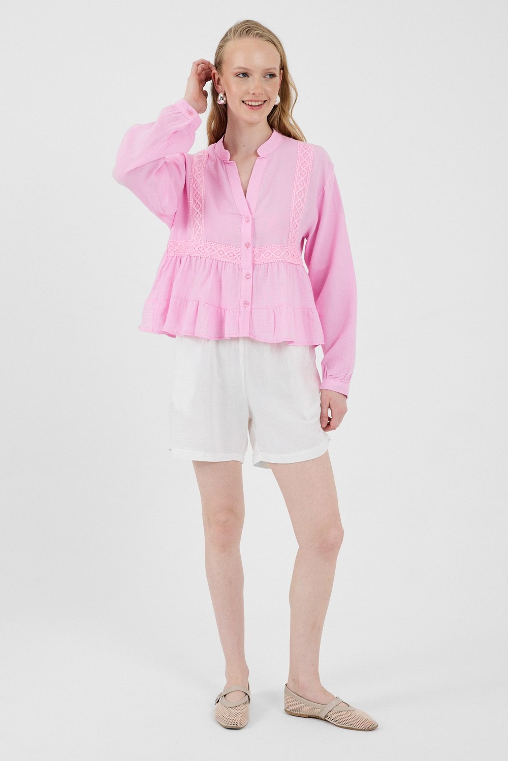 Bluz-Pembe %100 Pamuk Dantel Detaylı Müslin Gömlek 4823A-rulem