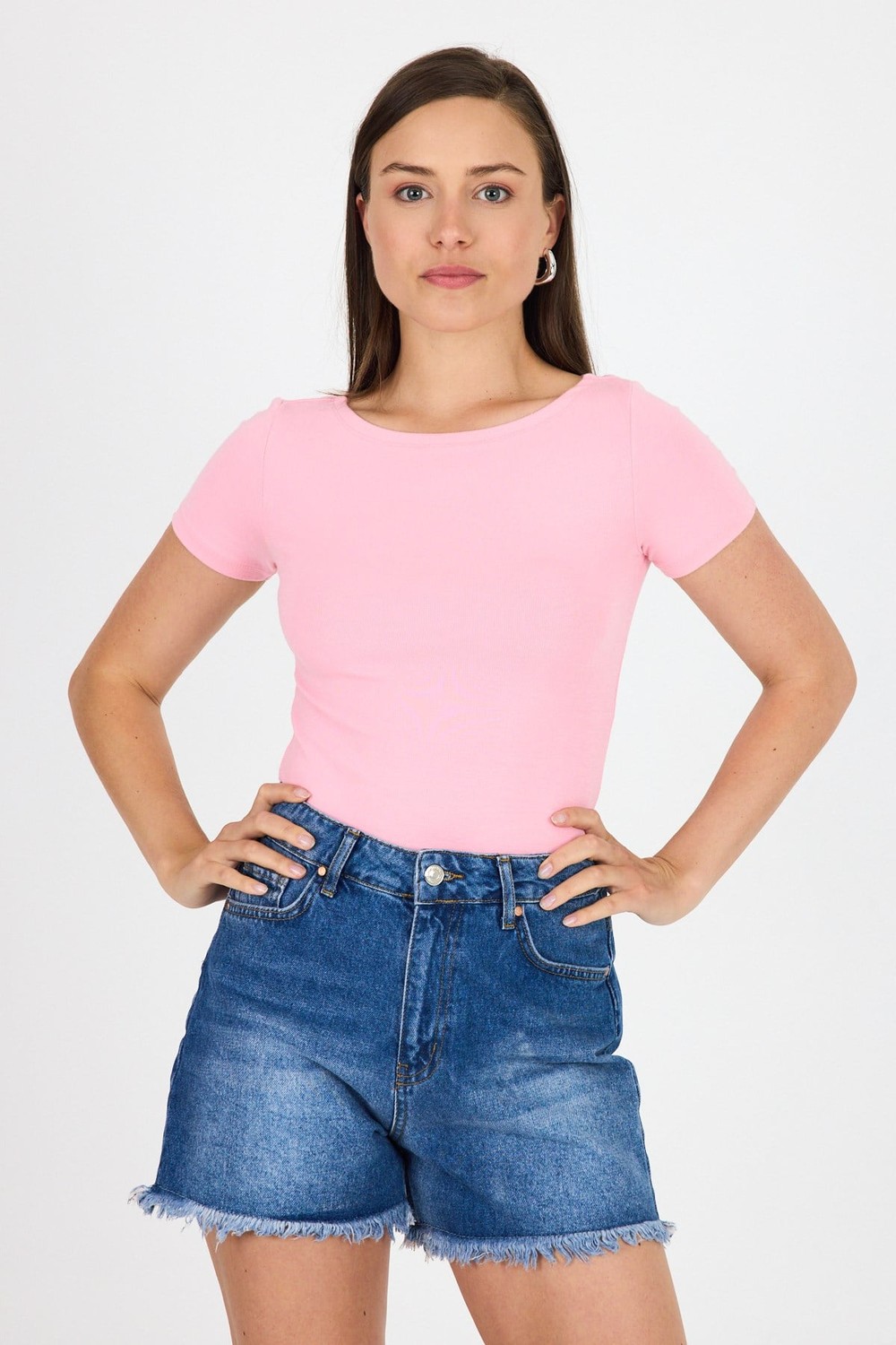 Bluz-Pembe Bisiklet Yaka Viskoz/Yumuşak Kumaş Tişört 1469-rulem
