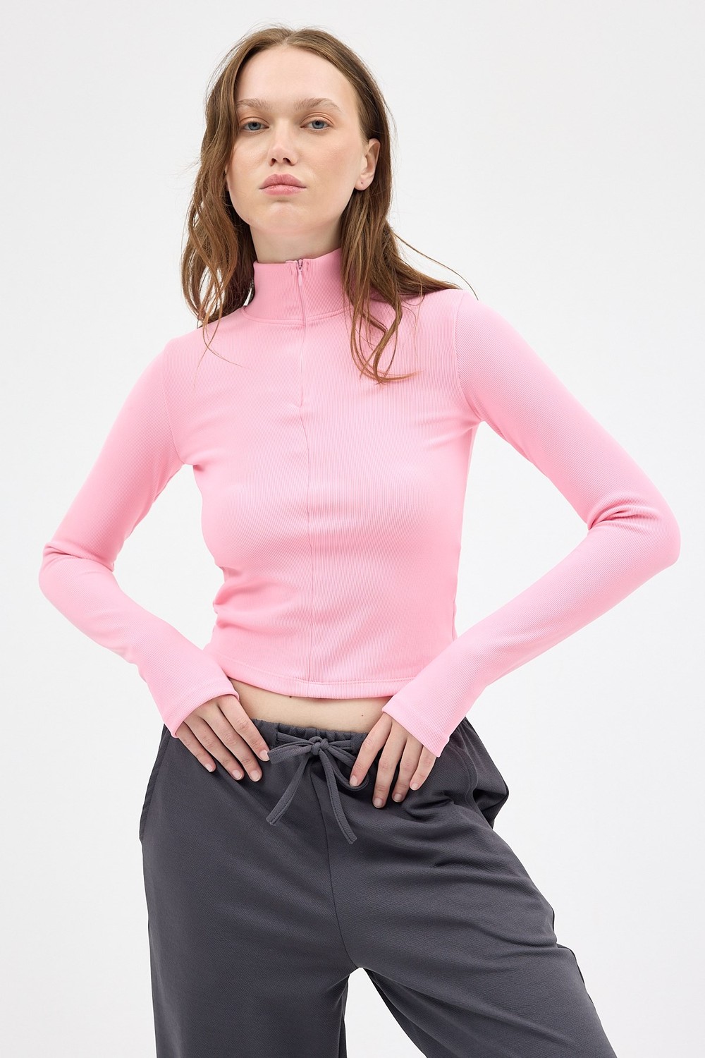 Bluz-Şeker Pembe Yarım Balıkçı Yaka Fermuarlı Body 2447-rulem