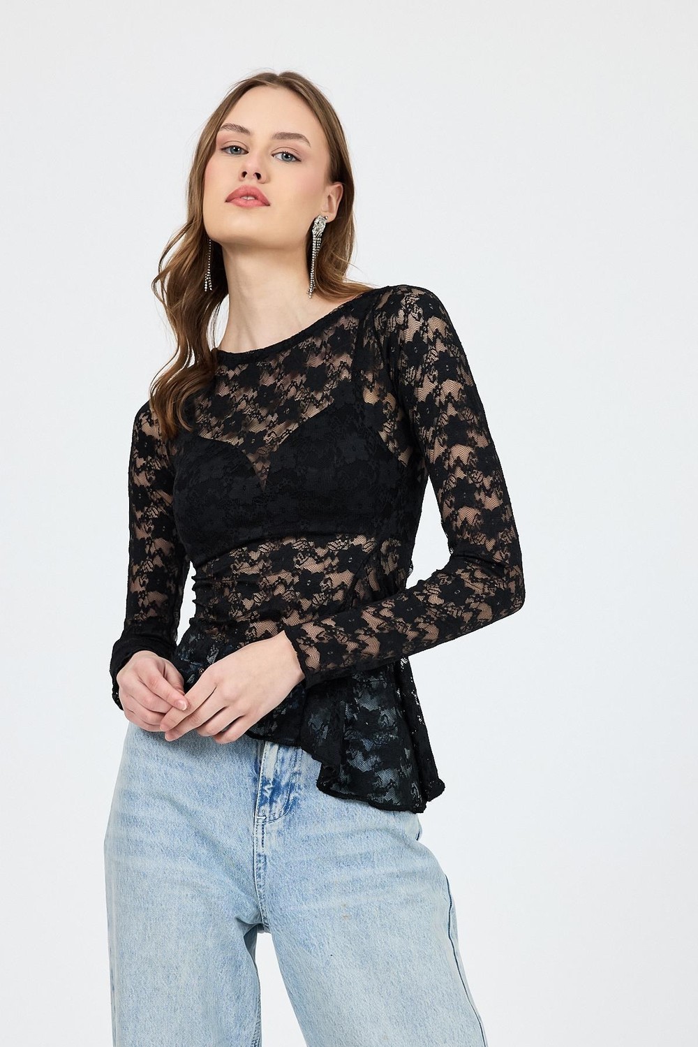 Bluz-Siyah Uzun Kollu Transparan Dantel Bluz 13288-rulem