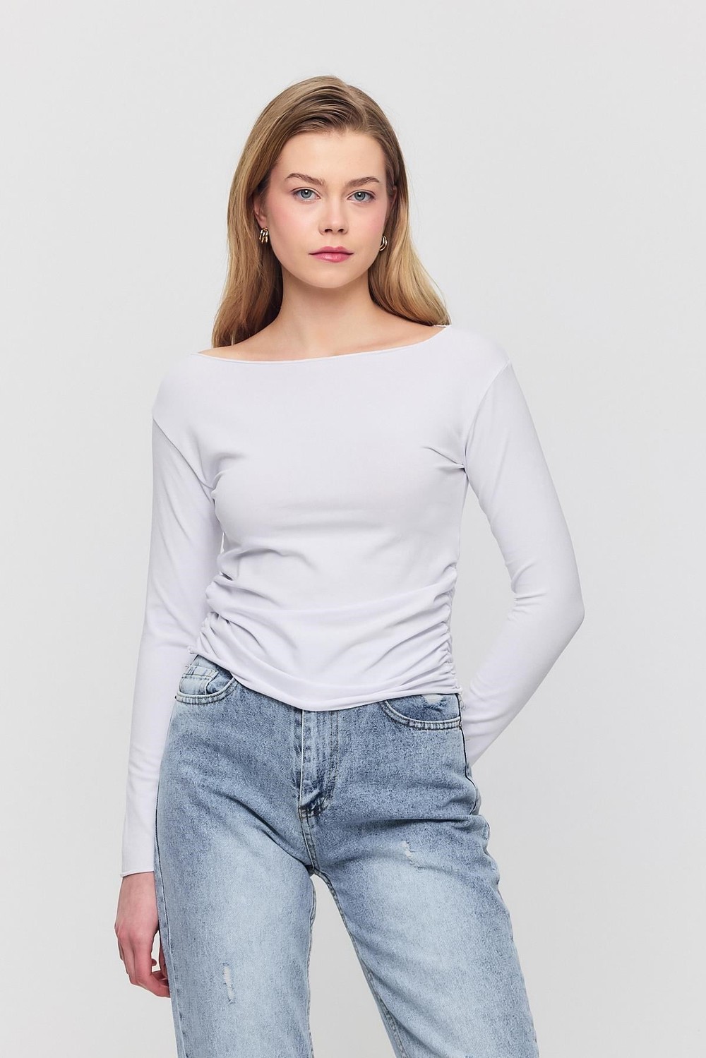 Bluz-Yanları Büzgülü Bluz 3027 Ekru -rulem