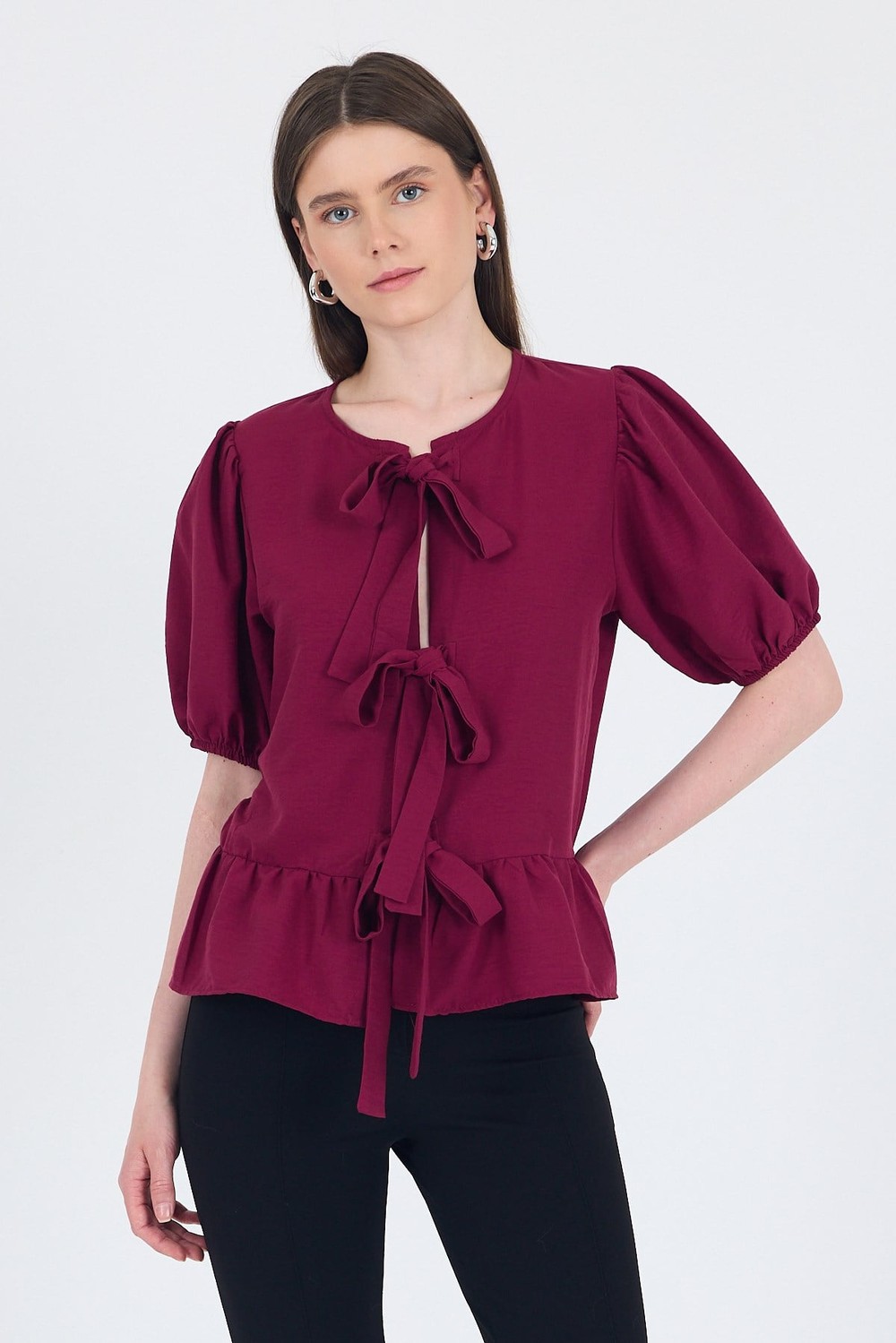 Bordo Bağlama Detaylı Balon Kollu Bluz 4334A
