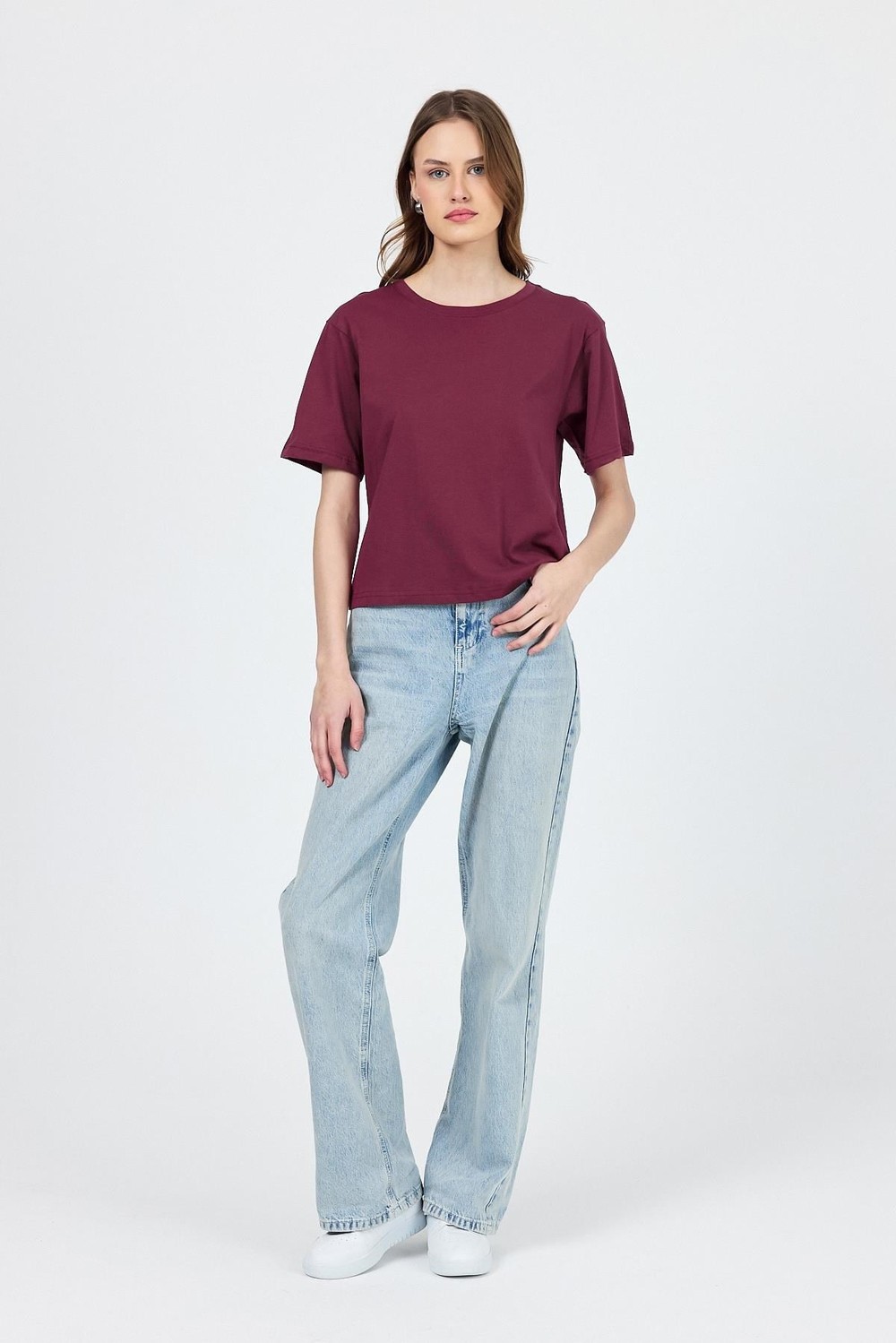 Bordo Bisiklet Yaka %100 Pamuk Relaxed Fit Tişört 2142M