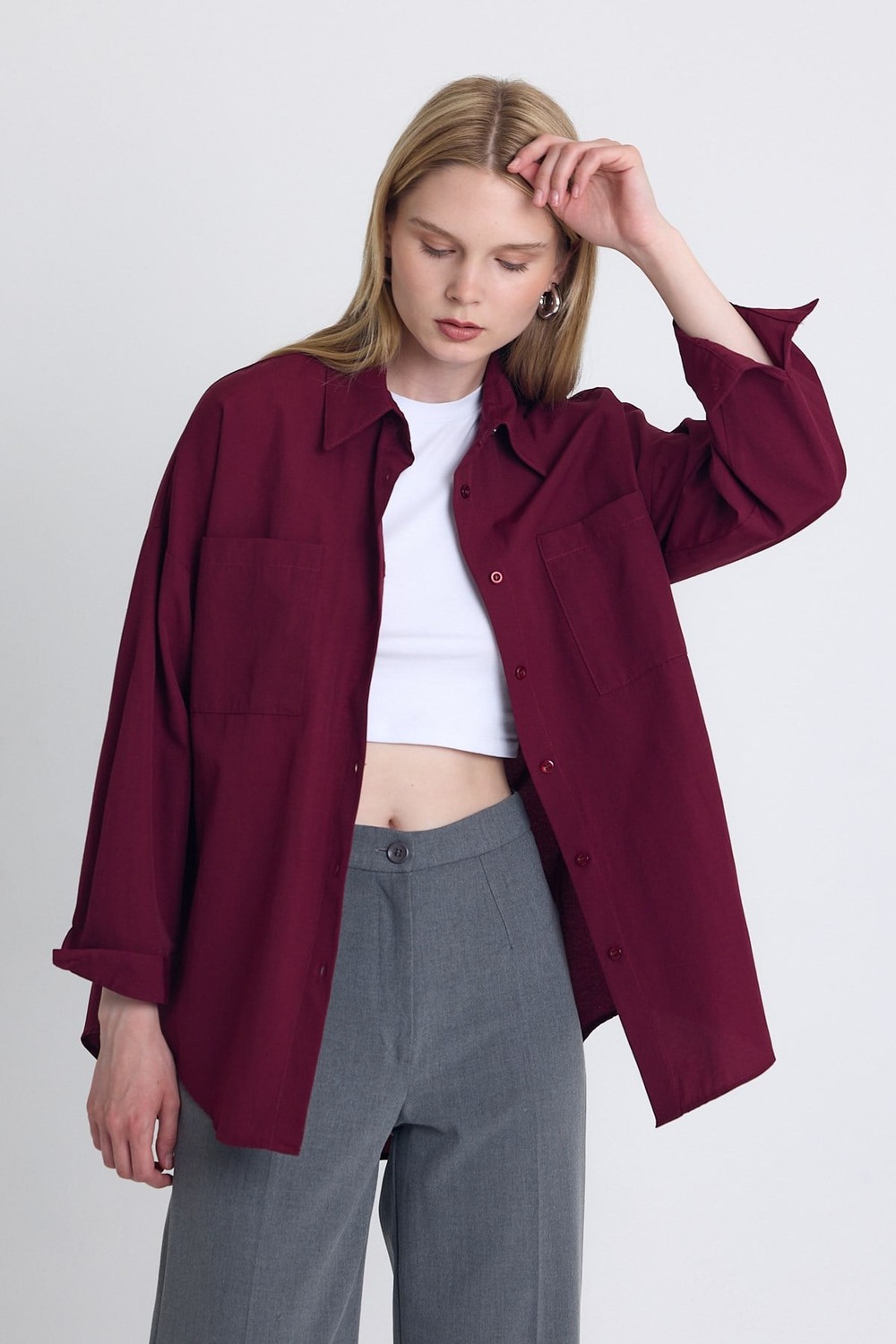 Bordo Çift Cepli Oversize Uzun Basic Gömlek TCR 6256A