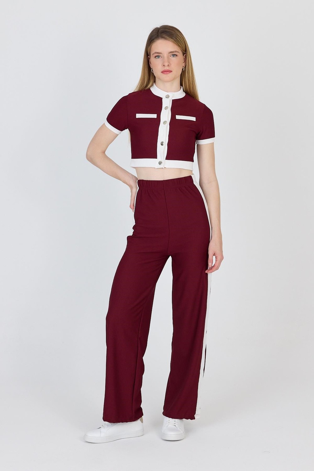 Bordo Düğmeli Crop Bluz & Şeritli Palazzo Pantolon Takım 2214