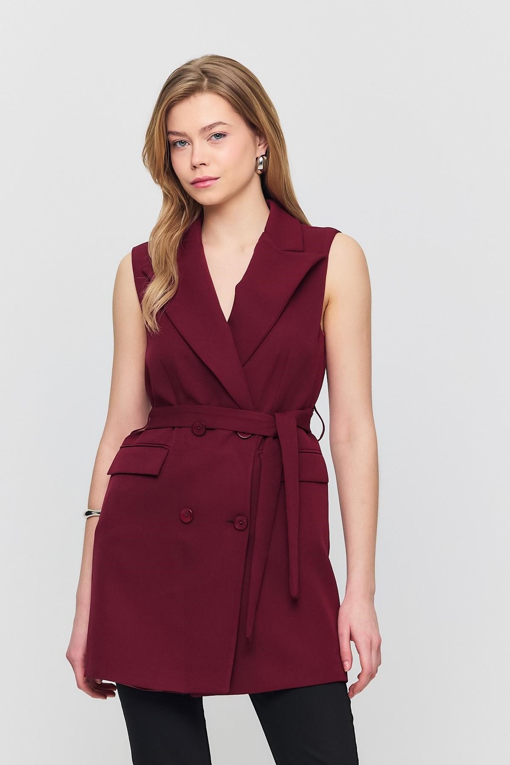 Bordo Kemerli Dört Düğme Yelek 6981