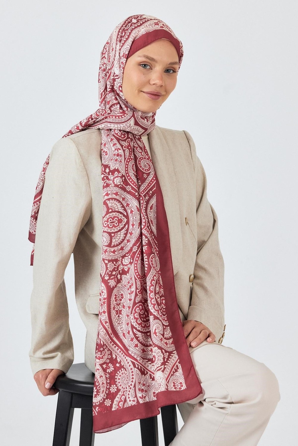 Bordo Retro Desenli Şal 4004