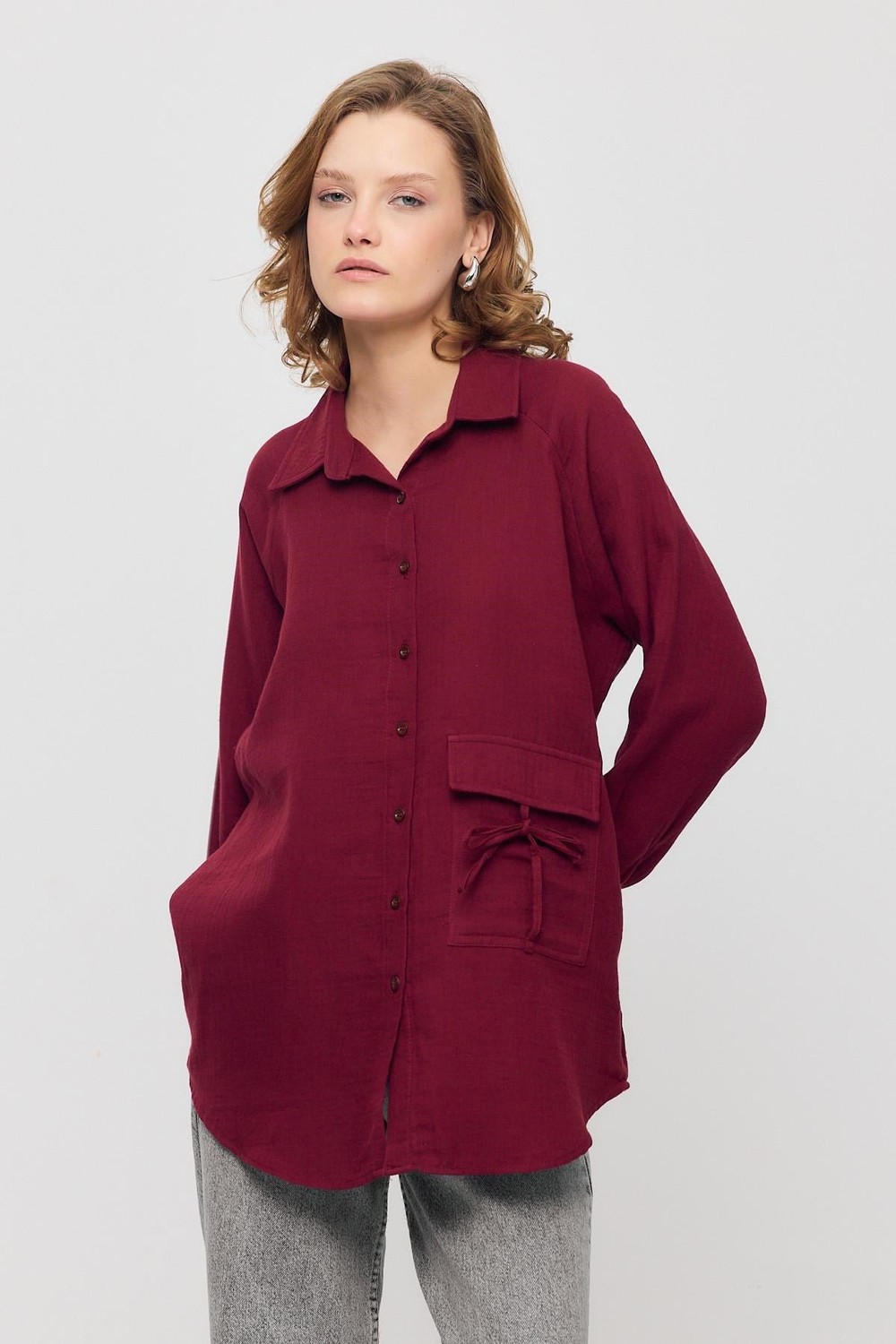 Bordo Tek Cep Düğmeli Gömlek 4516A