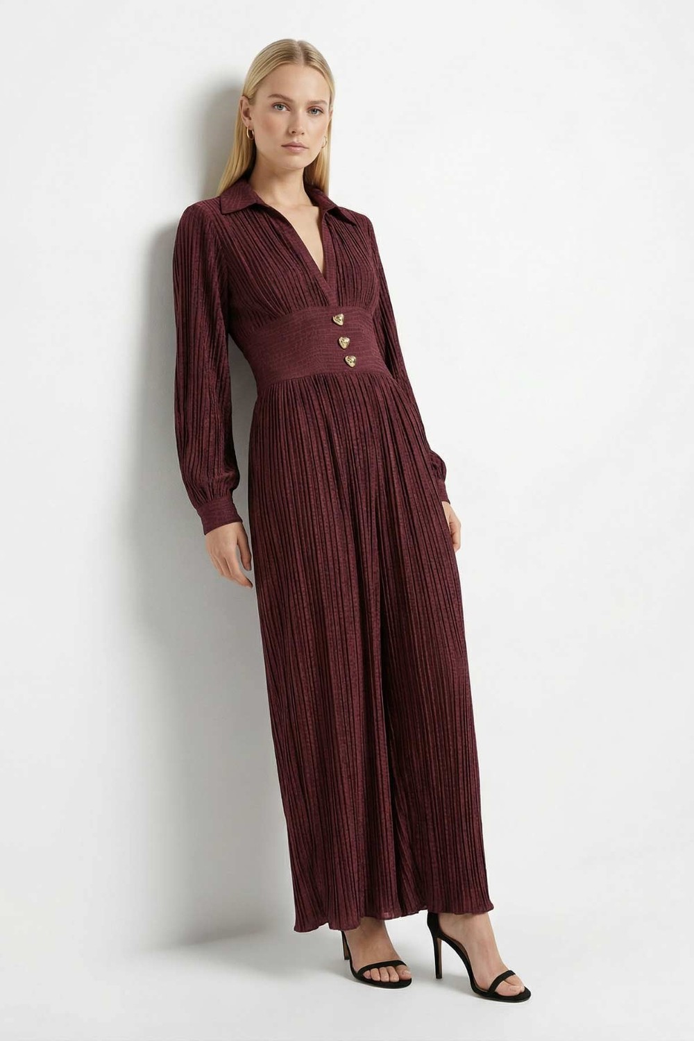 Bordo V Yaka Bel Detay Elbise 252732