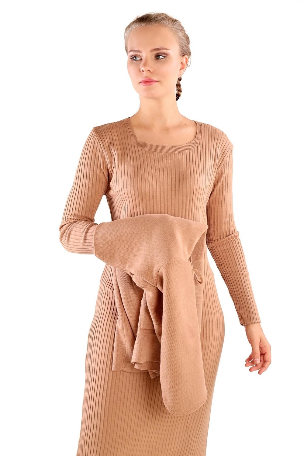 Camel Kapüşonlu Elbise Takım 24114