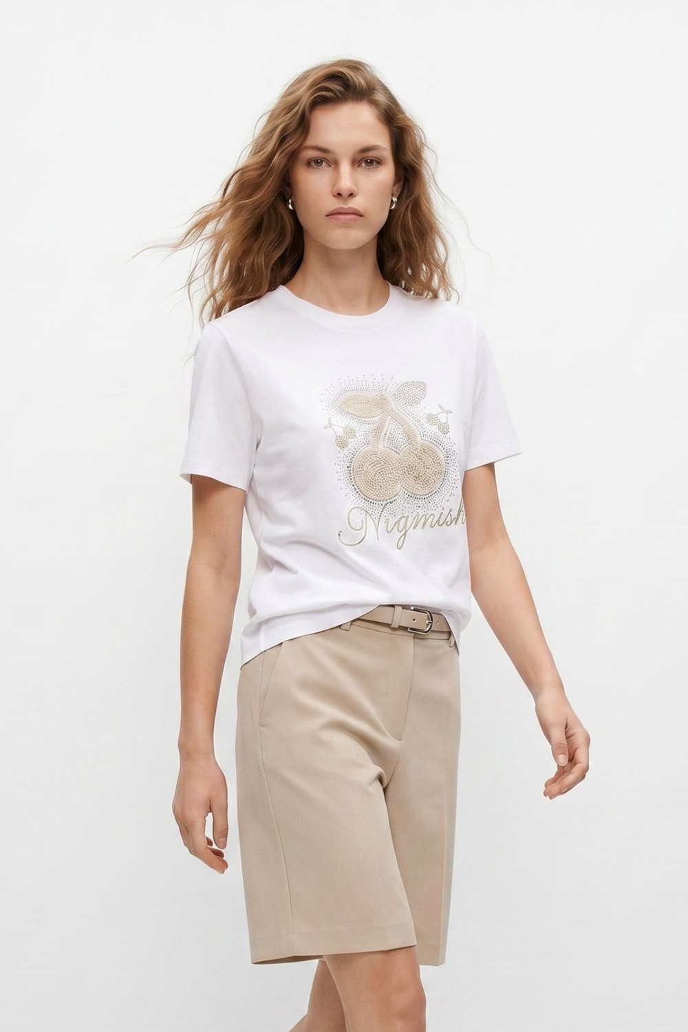 Ekru Taşlı Kiraz Desenli Crop Tişört 26750