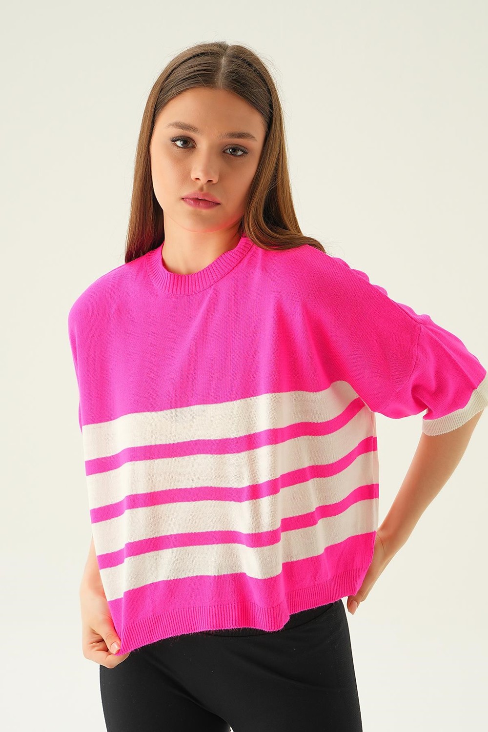Fuşya Çizgi Detay Oversize Tişört 1454