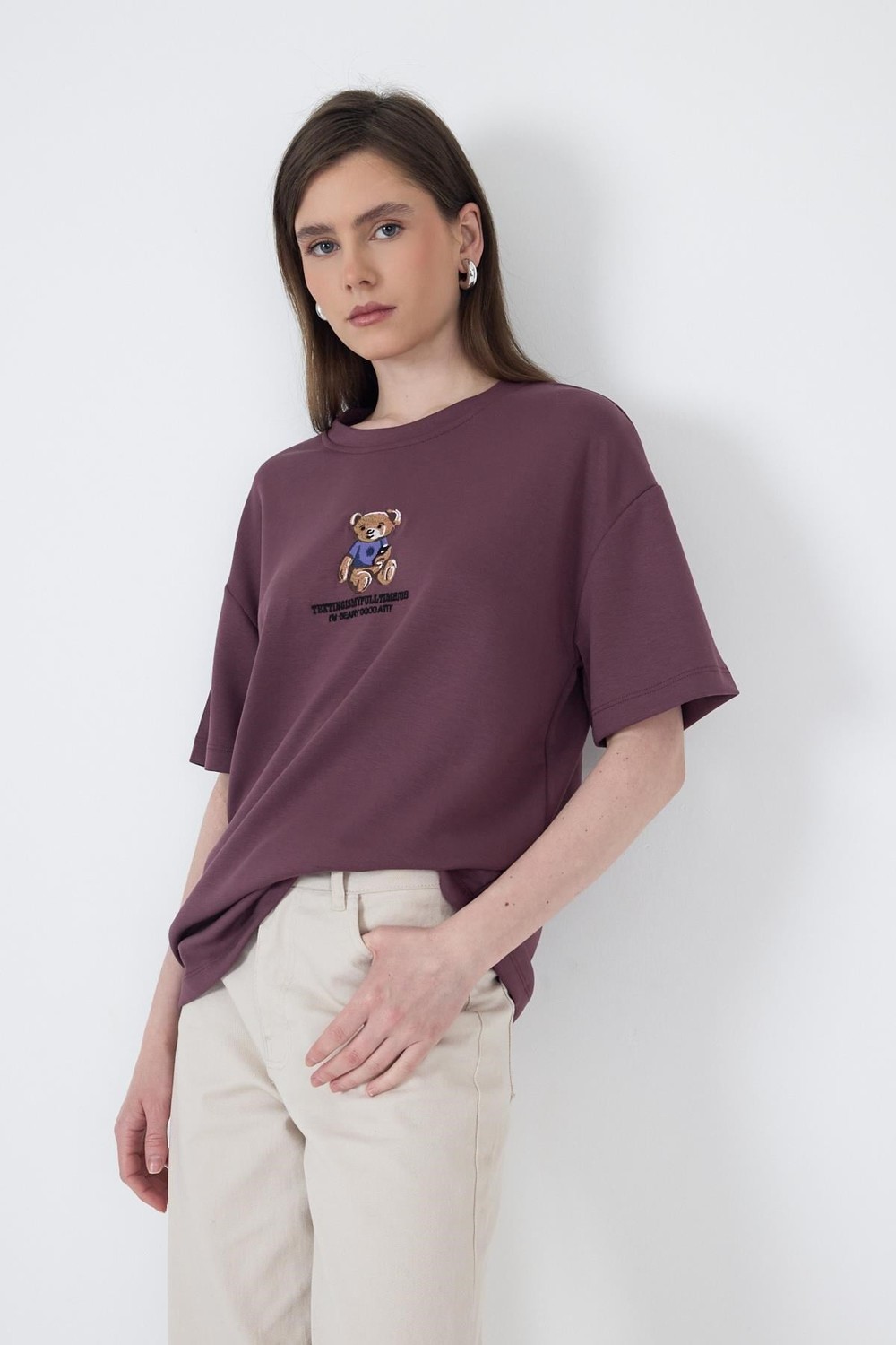 Gül Kurusu Ayıcık Baskılı Bisiklet Yaka Oversize Tişört 5530
