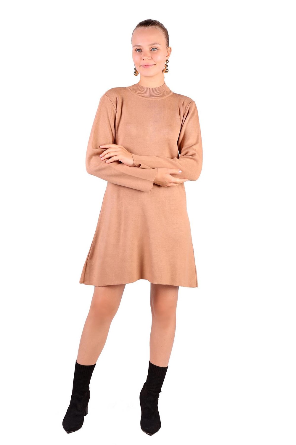 Günlük Elbiseler-Camel Yarım Boğaz Kısa Triko Elbise 24151-rulem
