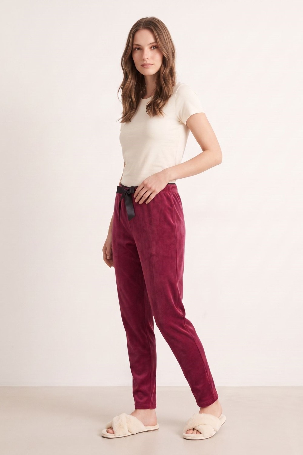 Kadın Alt Giyim-Kadın Pijama-Bel Lastikli Kadife Pijama 0601 Mürdüm-rulem