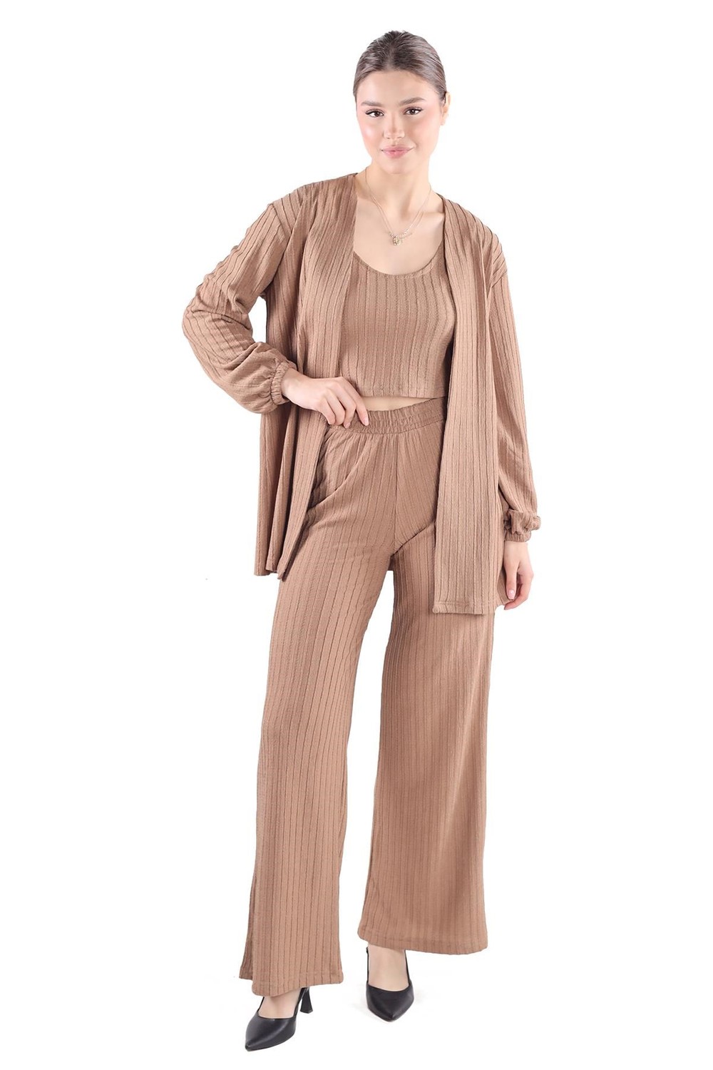 Kadın Alt-Üst Takım-3'lü Kimono Bluz Pantolon Takım 7002 Vizon -rulem