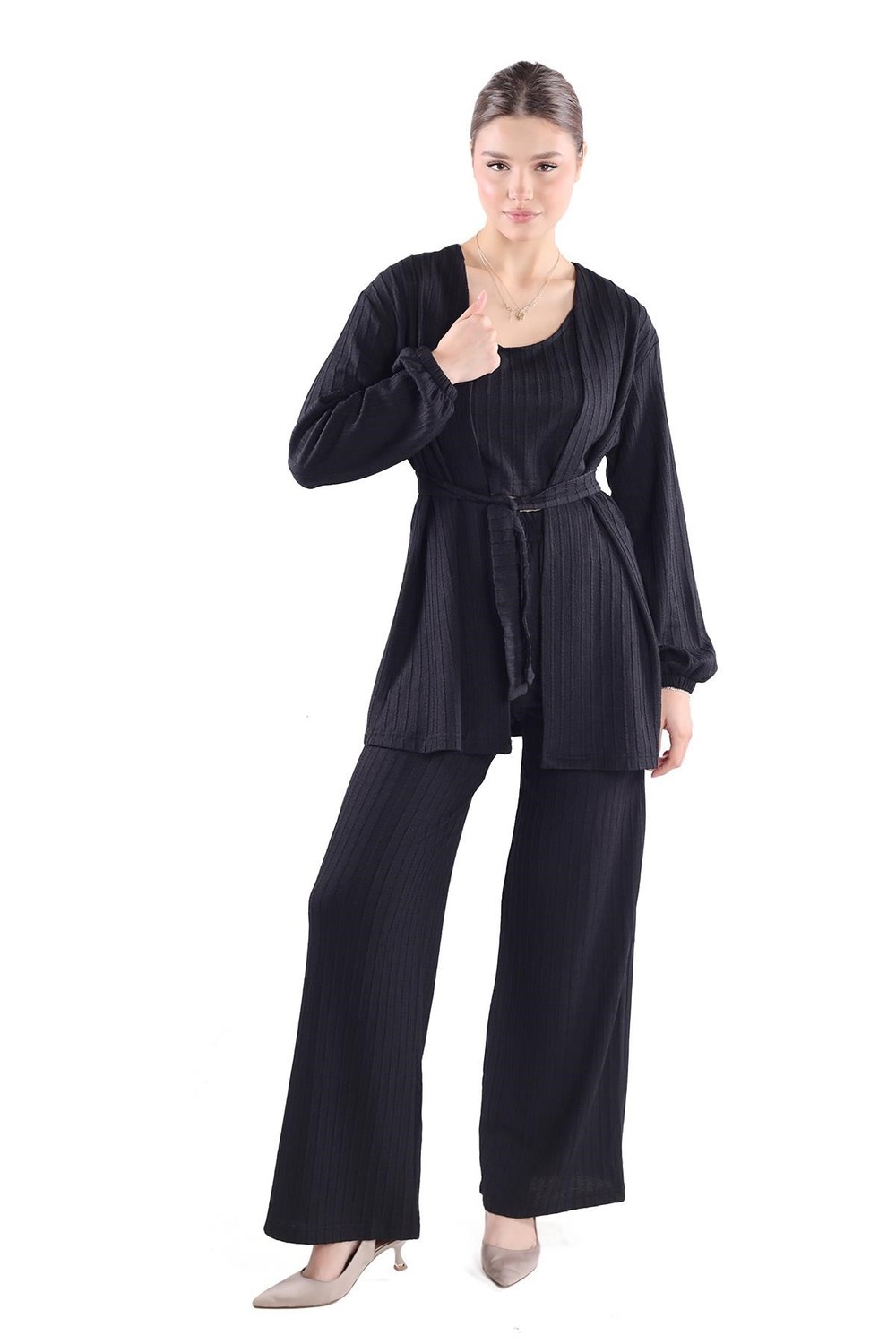 Kadın Alt-Üst Takım-3'lü Kimono Bluz Pantolon Takım 7002 Siyah -rulem