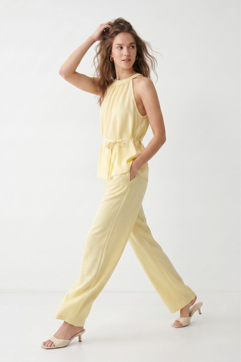 Kadın Alt-Üst Takım-Halter Yaka Bluz Geniş Paça Pantolon 7130 Sarı -rulem