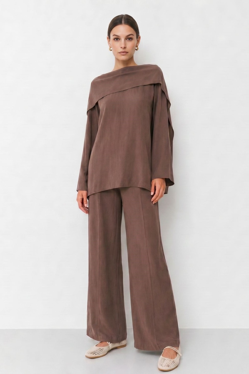 Kadın Alt-Üst Takım-Şal Yaka Tunik  Pantolon Takım 6350 Kahve -rulem