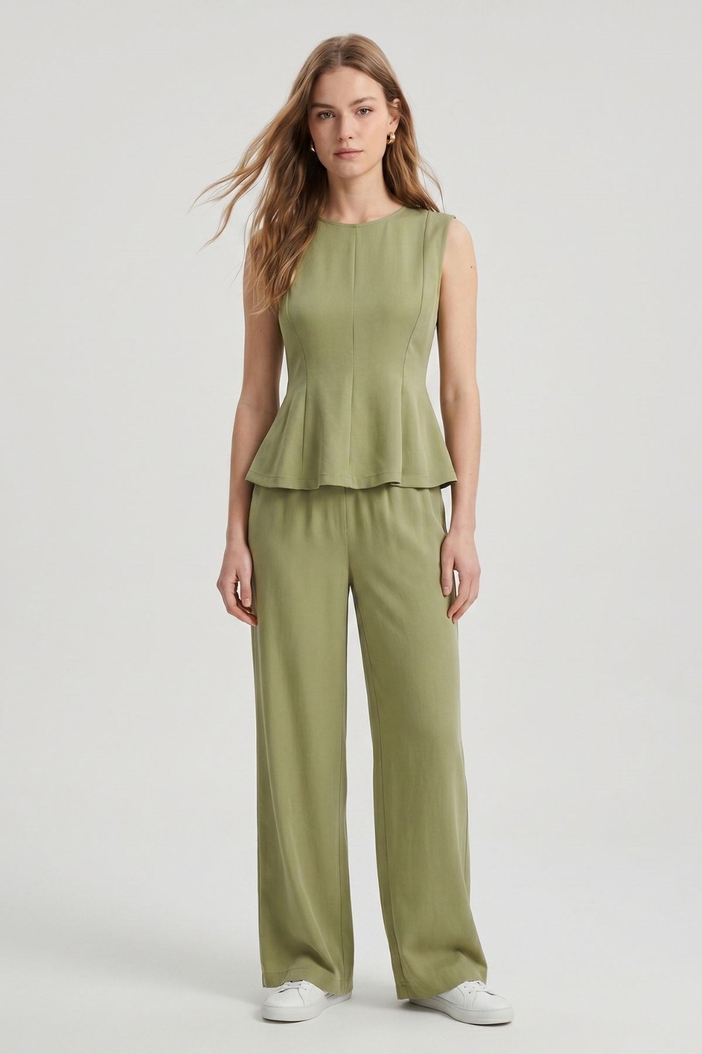 Kadın Alt-Üst Takım-Sıfır Kol Peplum Bluz Bol Paça Pantolon Takım 18007 Haki -rulem