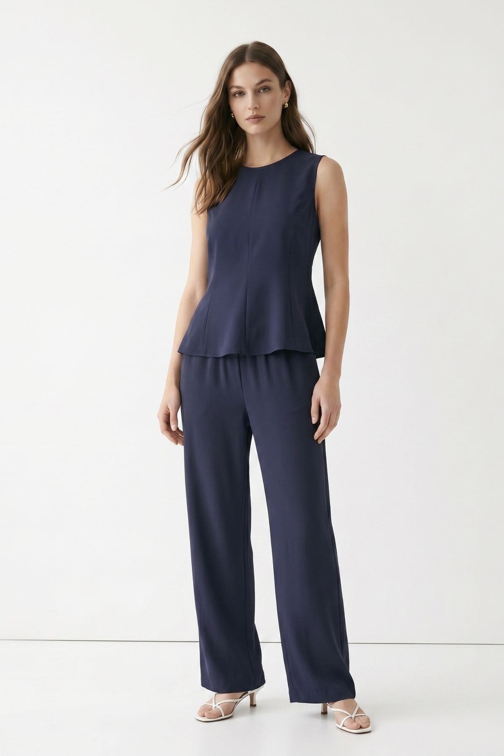 Kadın Alt-Üst Takım-Sıfır Kol Peplum Bluz Bol Paça Pantolon Takım 18007 Füme -rulem
