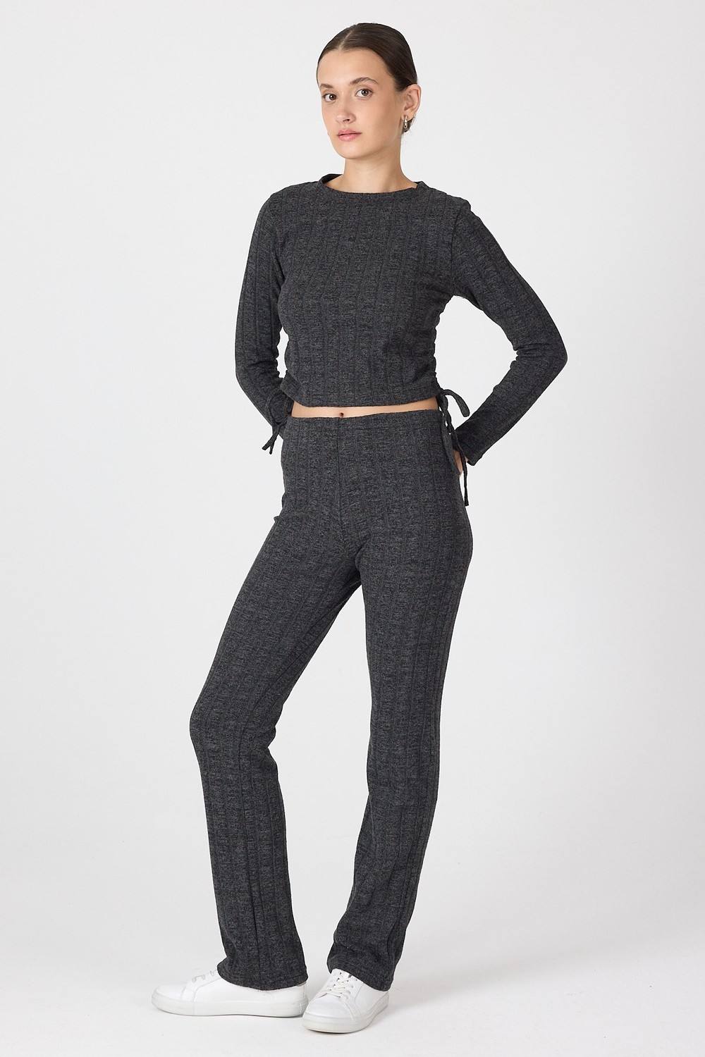 Kadın Alt-Üst Takım-Siyah Fitilli Crop Bluz Pantolon İkili Takımı 8114A-rulem