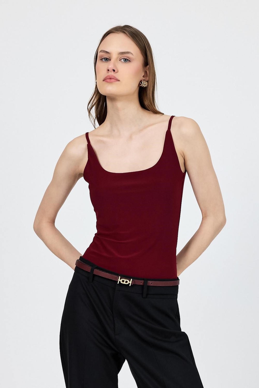 Kadın Atlet-Bordo İnce Askılı Çıtçıtlı Bodysuit 13255-rulem