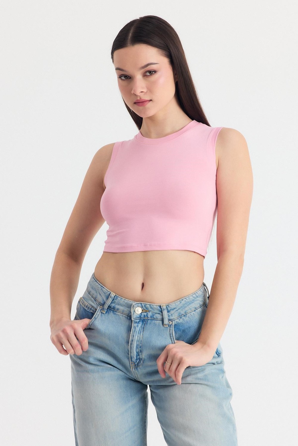 Kadın Atlet-Pembe Kolsuz Bisiklet Yaka Crop Atlet 318-rulem