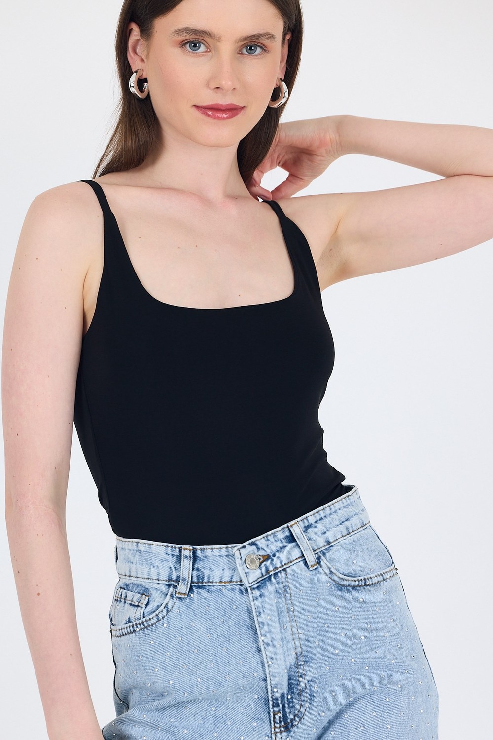 Kadın Atlet-Siyah  İnce Askılı Çıtçıtlı Bodysuit 13255-rulem
