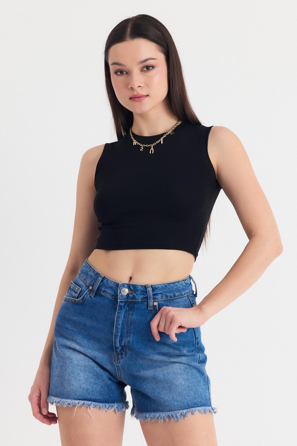 Kadın Atlet-Siyah Kolsuz Bisiklet Yaka Crop Atlet 318-rulem