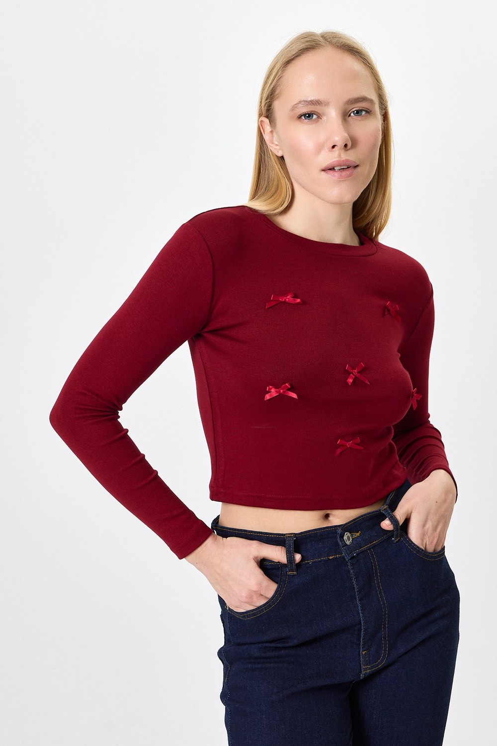 Kadın Body-Bordo Bisiklet Yaka Kurdele Aplike Detaylı Kadın Crop Body 8264A-rulem
