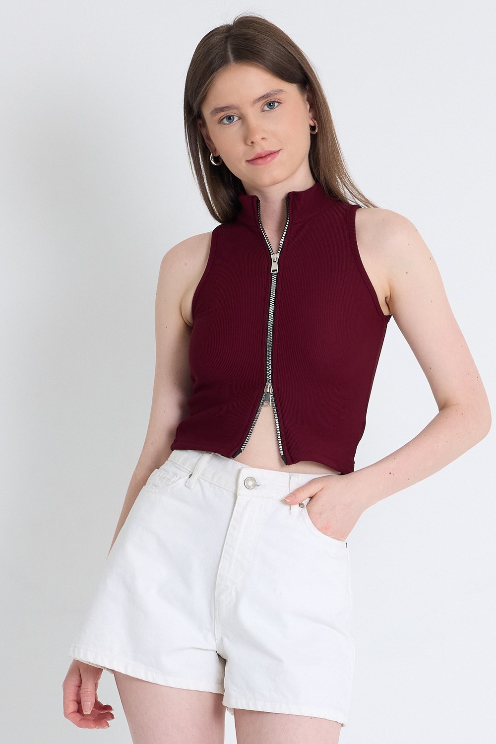 Kadın Body-Bordo Fermuar Detaylı Kolsuz Crop Bluz 2226-rulem