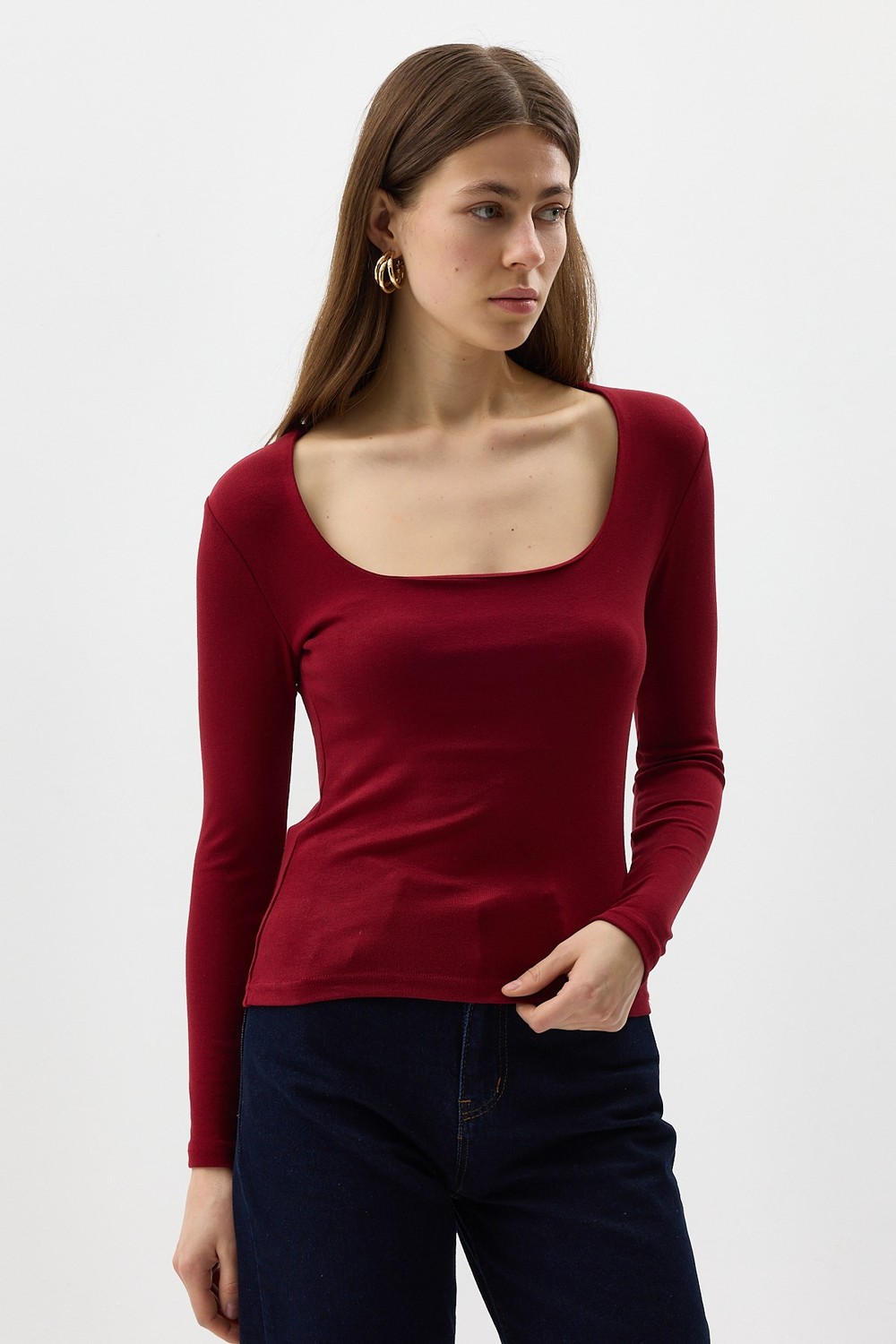 Kadın Body-Bordo Kare Yaka Uzun Kollu Fitilli Kadın Body 8267A-rulem