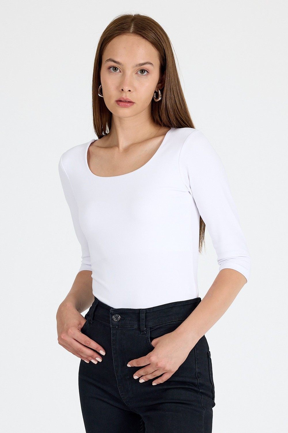 Kadın Body-Ekru Kare Yaka Örme Body 9193M-rulem