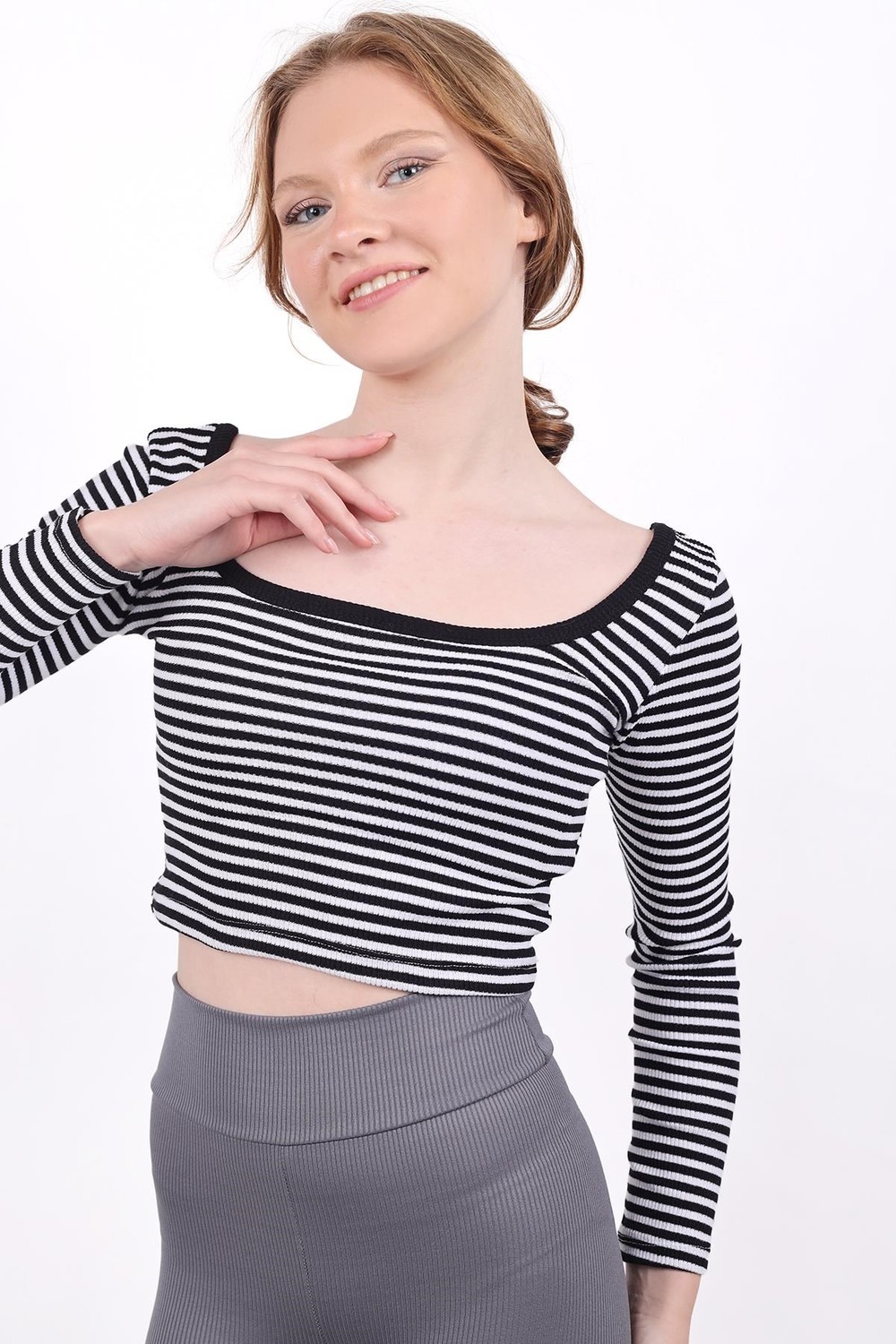 Kadın Body-Kare Yaka Çizgili Crop Bluz 9904 Siyah -rulem