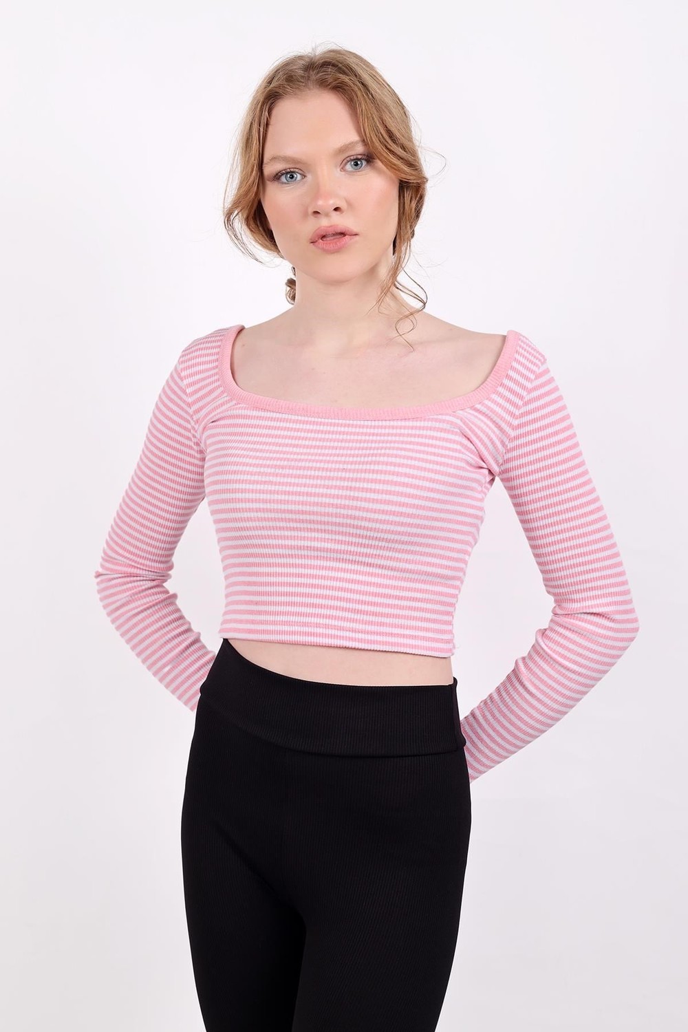 Kadın Body-Kare Yaka Çizgili Crop Bluz 9904 Pembe -rulem