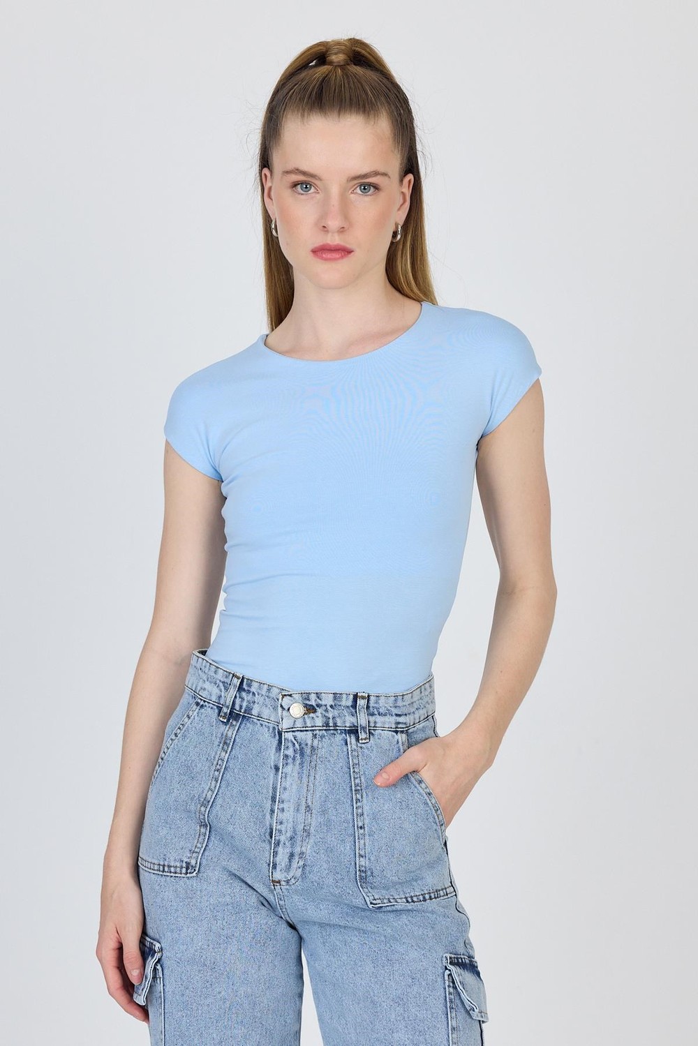 Kadın Body-Mavi Bisiklet Yaka Pamuklu Slim Fit Tişört 9190-rulem