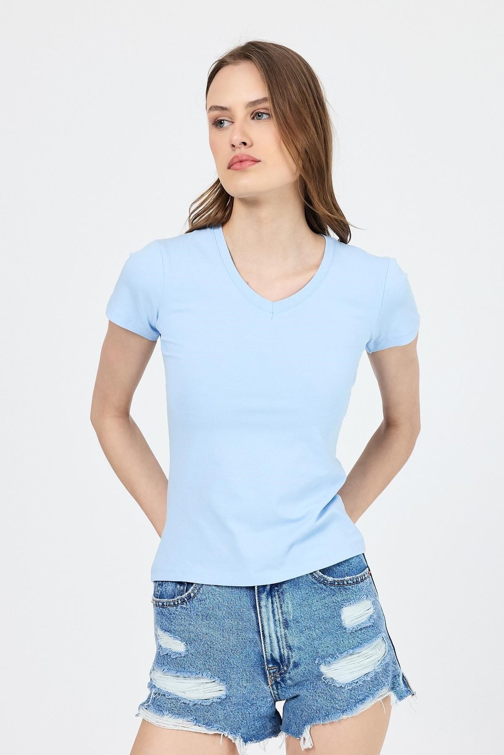 Kadın Body-Mavi V Yaka Slim Fit Tişört 2215-rulem