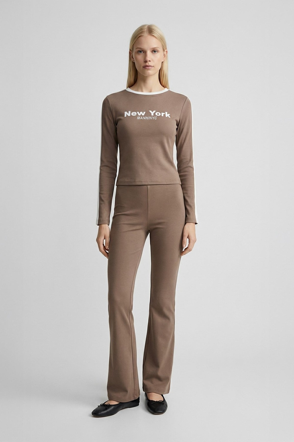 Kadın Body-New York Baskılı Şeritli Badi 8342A Vizon -rulem