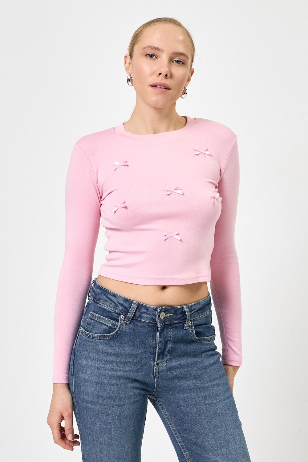 Kadın Body-Pembe Bisiklet Yaka Kurdele Aplike Detaylı Kadın Crop Body 8264A-rulem