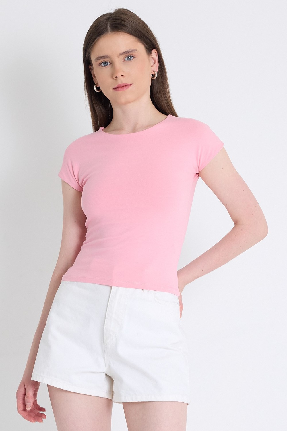 Kadın Body-Pembe Bisiklet Yaka Pamuklu Slim Fit Tişört 9190-rulem