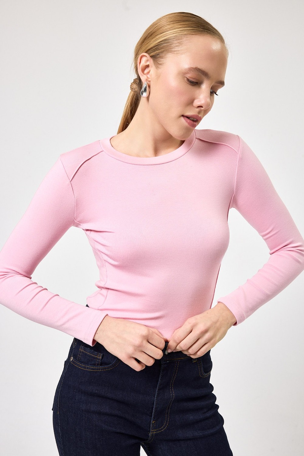 Kadın Body-Pembe Uzun Kollu Bisiklet Yaka Dikiş Detaylı Kadın Body 8223A-rulem