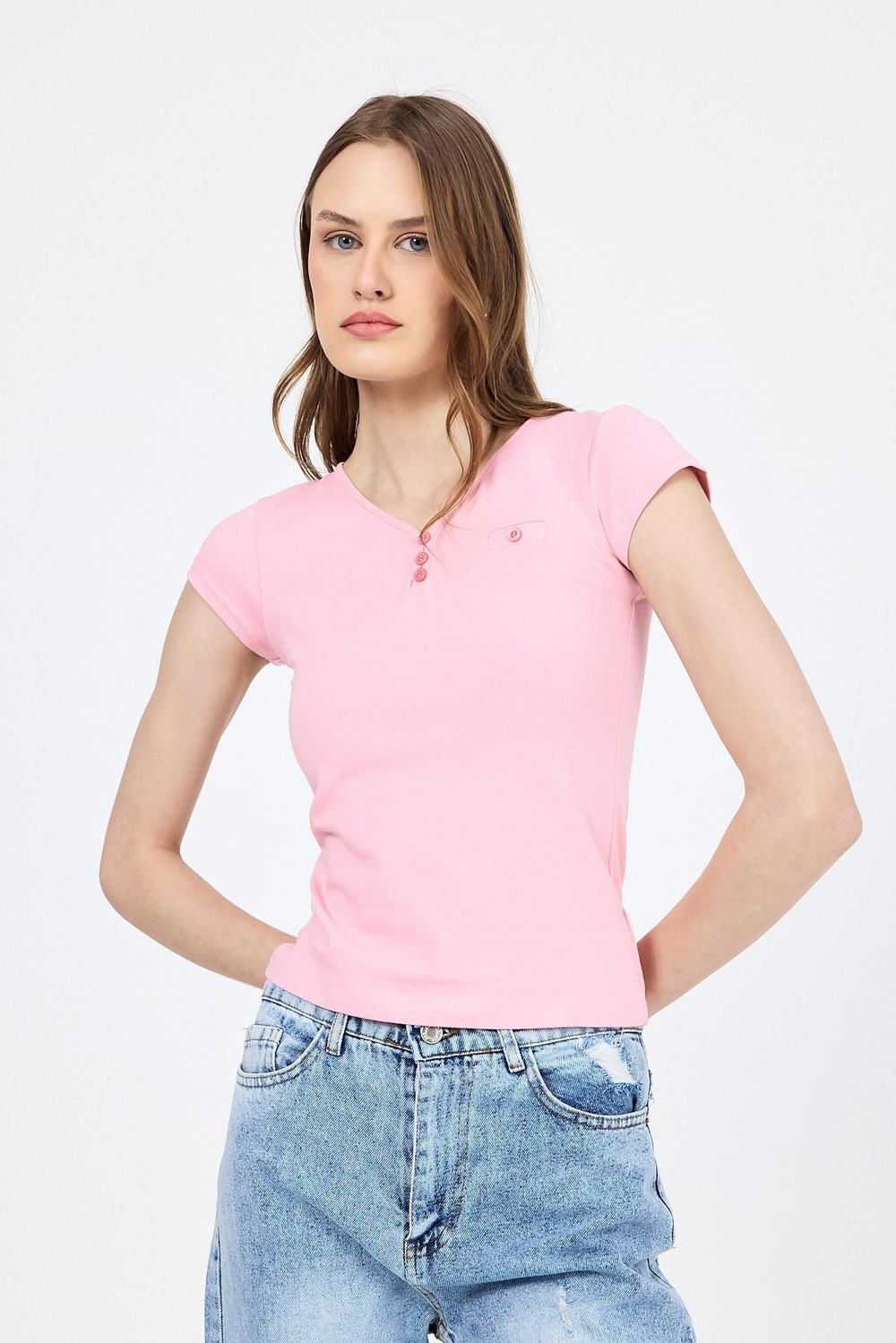Kadın Body-Pembe V Yaka Düğmeli Cep Detaylı Slim Fit Tişört 2213-rulem