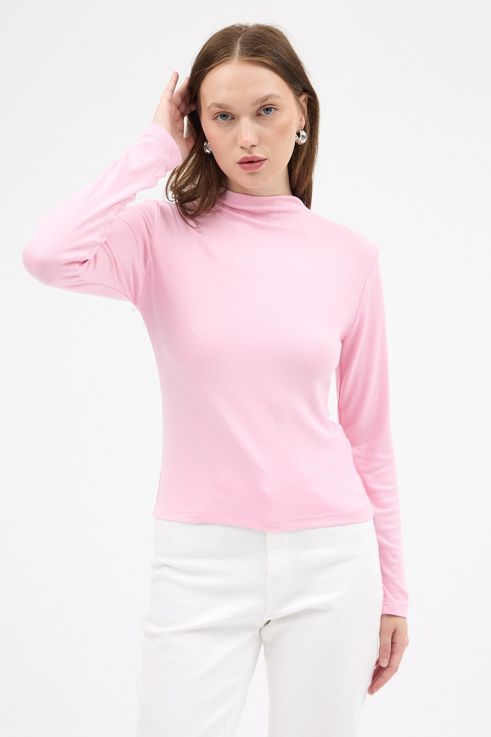 Kadın Body-Pembe Yarım Boğaz Uzun Kollu Body 2069-rulem