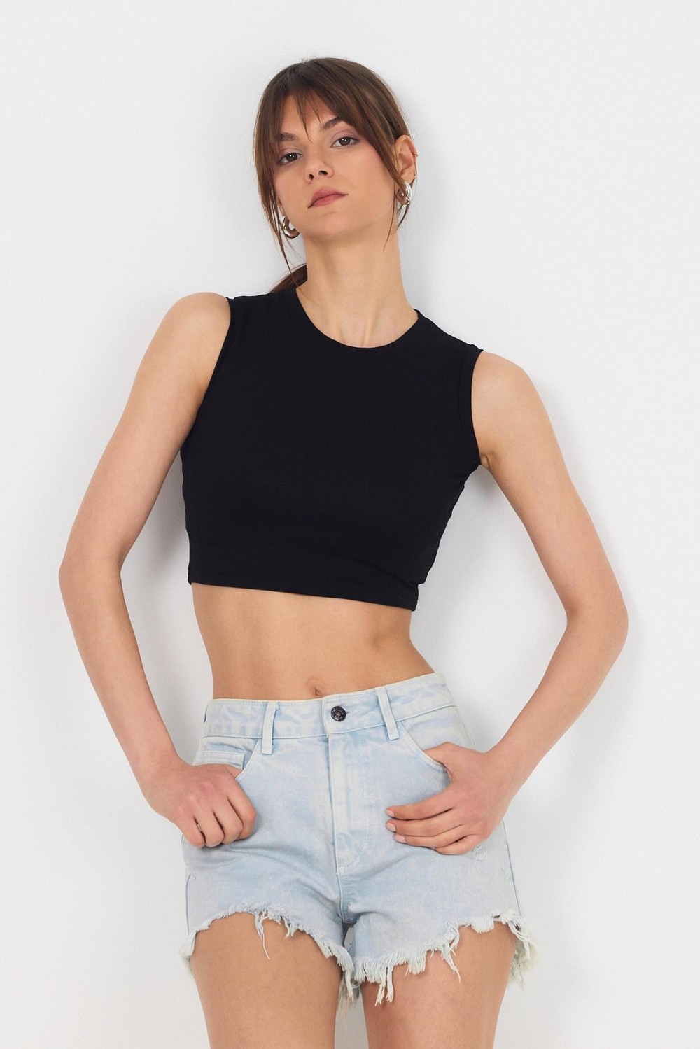 Kadın Body-Siyah Bisiklet Yaka Crop Atlet 9189M-rulem