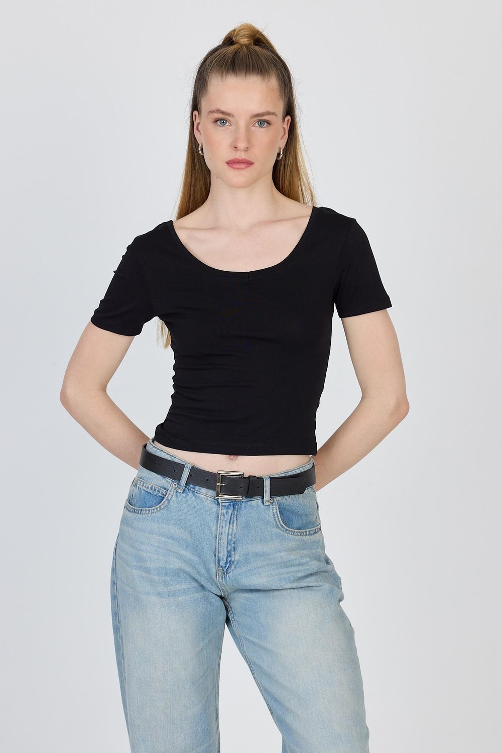 Kadın Body-Siyah U Yaka Pamuklu Slim Fit Tişört 9186M-rulem