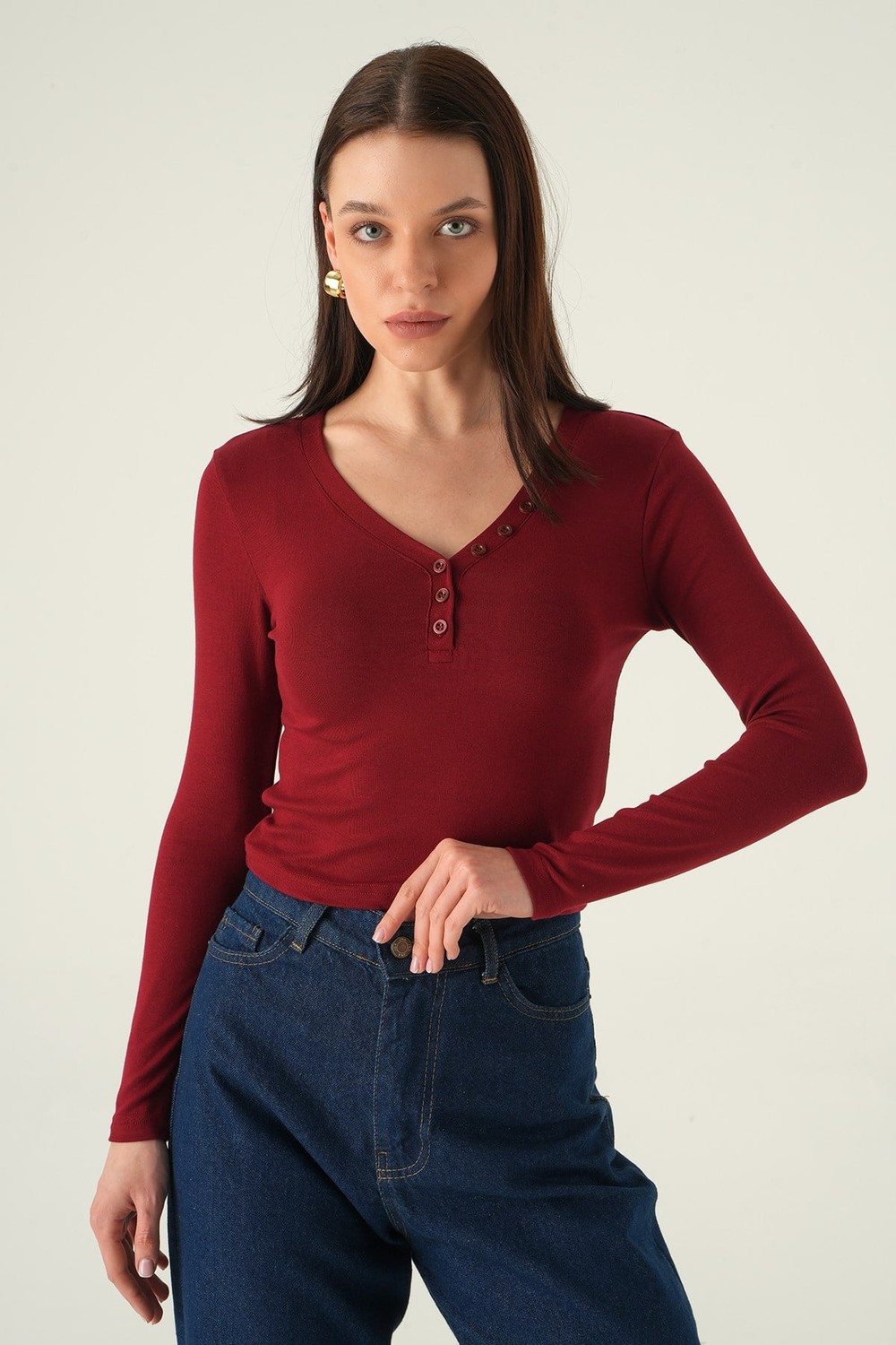 Kadın Body-V Yaka Düğmeli Badi 8299A Bordo -rulem