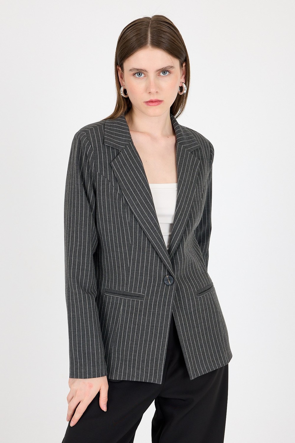 Kadın Ceket-Antrasit Çizgili Tek Düğmeli Blazer Ceket 4594A-rulem